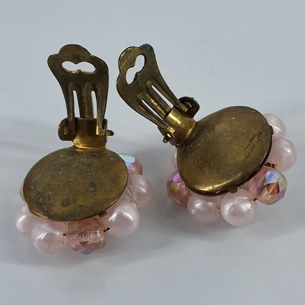 Vintage West Germany Pink Faux Pearl & AB Crystal Cluster Clip On Earrings